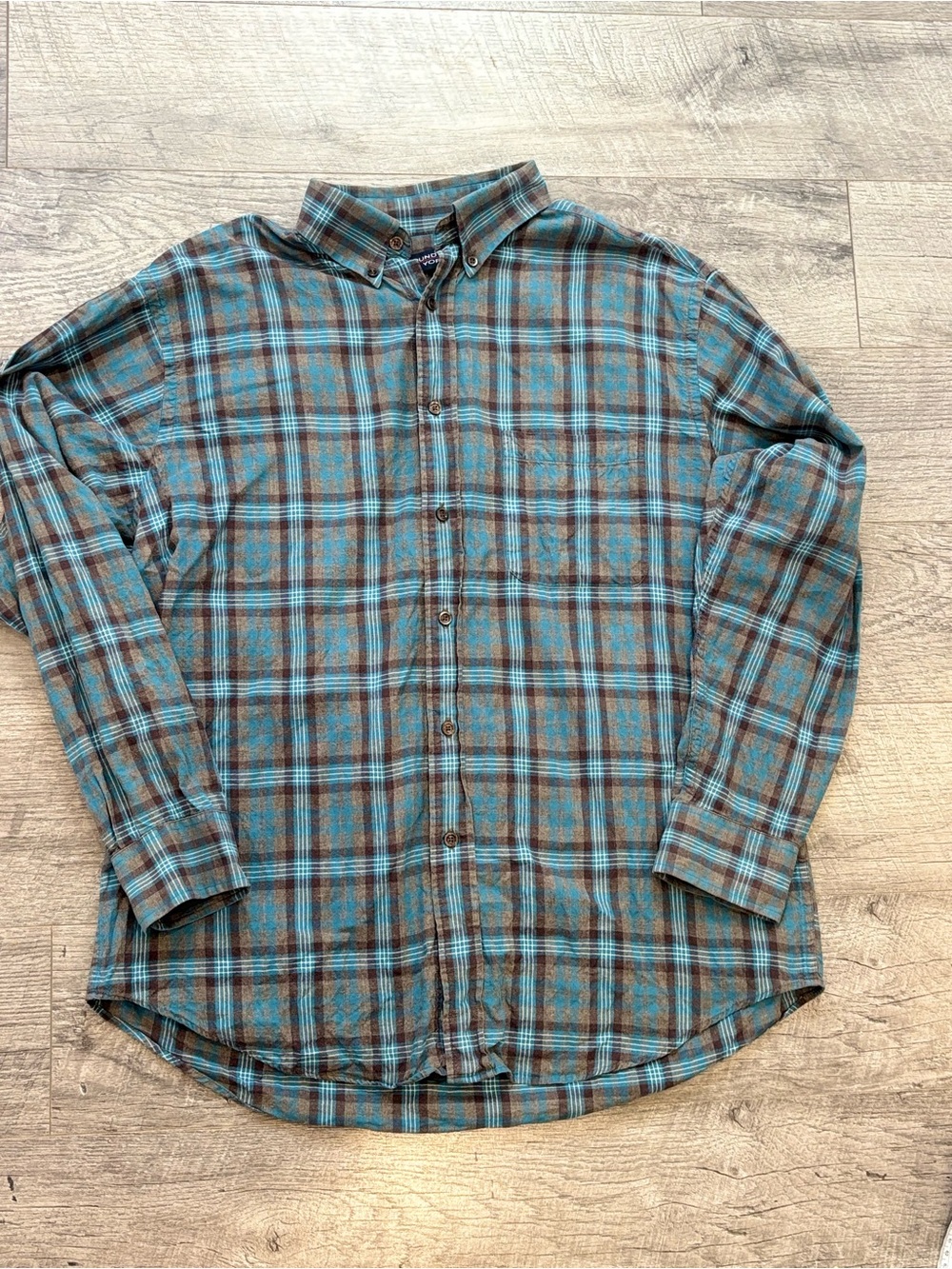 Roundtree & Yorke Men's Blue/Brown Plaid 100 Cotton Woven Button-Up Pockets L